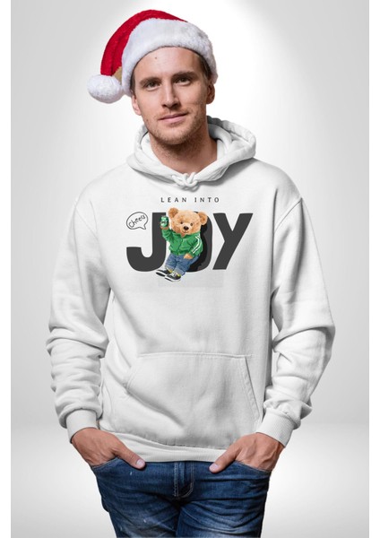 Neşeye Yaslanmak Oyuncak Ayı Kadın Erkek Baskılı Üç Iplik Beyaz Kapüşonlu Hodie Sweatshirt