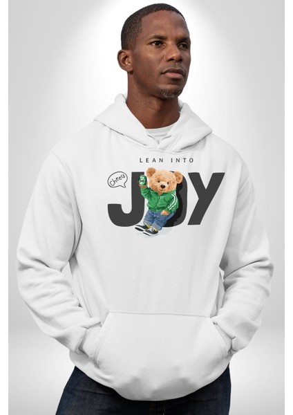 Neşeye Yaslanmak Oyuncak Ayı Kadın Erkek Baskılı Üç Iplik Beyaz Kapüşonlu Hodie Sweatshirt modelleri