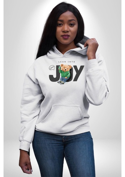 Neşeye Yaslanmak Oyuncak Ayı Kadın Erkek Baskılı Üç Iplik Beyaz Kapüşonlu Hodie Sweatshirt indirimleri