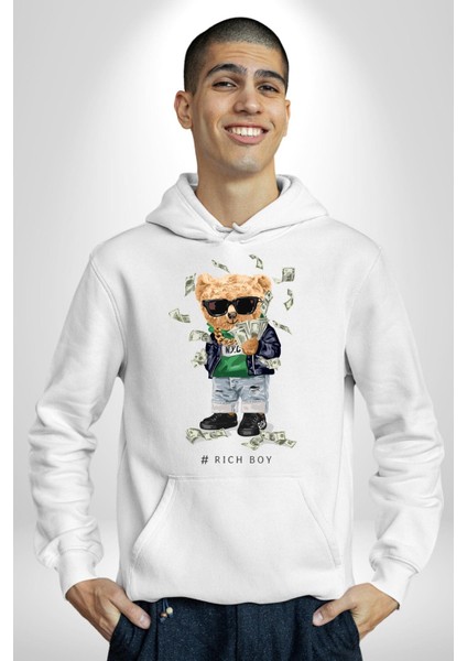 Zengin Çocuk Oyuncak Ayı Kadın Erkek Baskılı Üç Iplik Beyaz Kapüşonlu Hodie Sweatshirt fırsatları