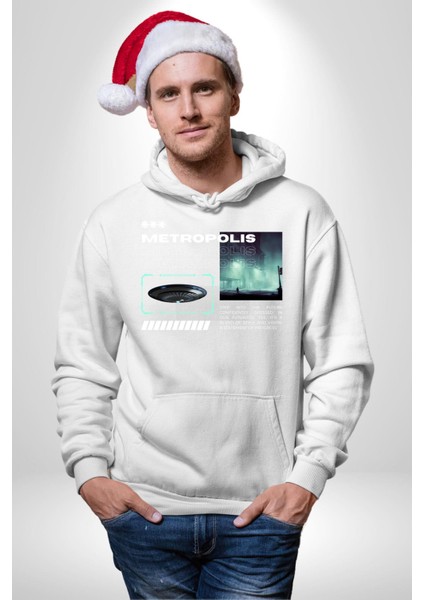 Büyük Şehir Ufo Sokak Tasarımı Kadın Erkek Baskılı Üç Iplik Beyaz Kapüşonlu Hodie Sweatshirt