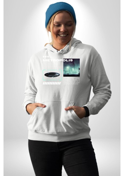 Büyük Şehir Ufo Sokak Tasarımı Kadın Erkek Baskılı Üç Iplik Beyaz Kapüşonlu Hodie Sweatshirt fiyatları