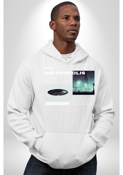 Büyük Şehir Ufo Sokak Tasarımı Kadın Erkek Baskılı Üç Iplik Beyaz Kapüşonlu Hodie Sweatshirt modelleri