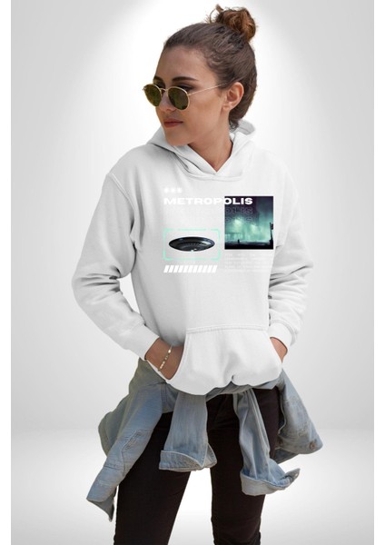 Büyük Şehir Ufo Sokak Tasarımı Kadın Erkek Baskılı Üç Iplik Beyaz Kapüşonlu Hodie Sweatshirt fırsatları