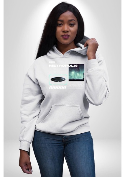 Büyük Şehir Ufo Sokak Tasarımı Kadın Erkek Baskılı Üç Iplik Beyaz Kapüşonlu Hodie Sweatshirt indirimleri