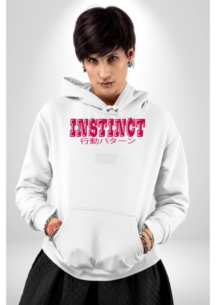 Içgüdü Japon Sade Yazı Kadın Erkek Baskılı Üç Iplik Beyaz Kapüşonlu Hodie Sweatshirt indirimleri