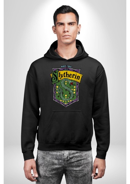Slytherin Yılan Logo Kadın Erkek Baskılı Üç Iplik Siyah Kapüşonlu Hodie Sweatshirt