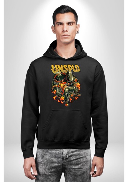 Ay Müzik Dinleyen Astronot Kadın Erkek Baskılı Üç Iplik Siyah Kapüşonlu Hodie Sweatshirt