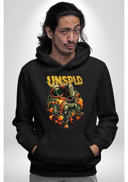 Ay Müzik Dinleyen Astronot Kadın Erkek Baskılı Üç Iplik Siyah Kapüşonlu Hodie Sweatshirt indirimleri