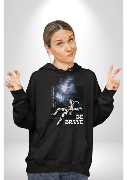 Astronot Cesur Kal Sokak Tarzı Kadın Erkek Baskılı Üç Iplik Siyah Kapüşonlu Hodie Sweatshirt