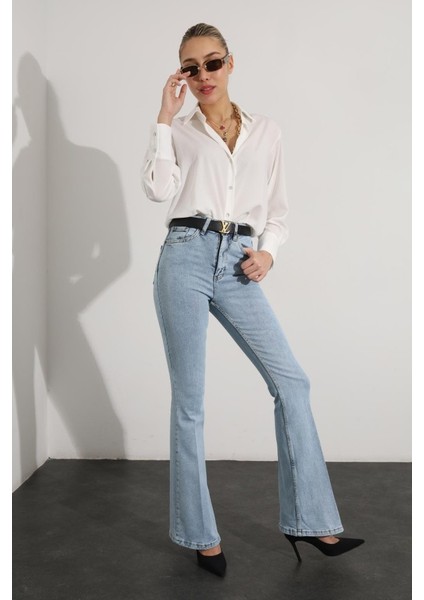 Kadın Kar Mavi Ispanyol Paça Kot Pantolon Flare Jeans ( Yüksek Bel )