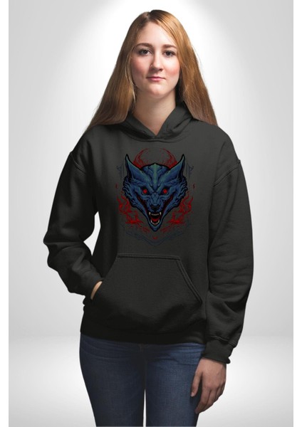 Şeytan Ejderhası Kırmızı Tonlu Havalı Kadın Erkek Baskılı Üç Iplik Siyah Kapüşonlu Hodie Sweatshirt indirimleri