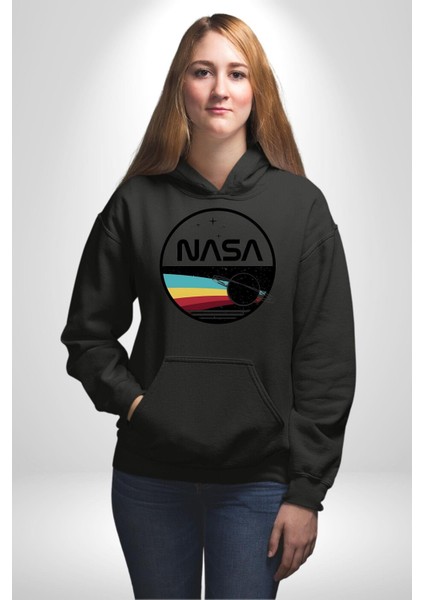 Uzay Satürn Logo Yıldızlar Kadın Erkek Baskılı Üç Iplik Siyah Kapüşonlu Hodie Sweatshirt