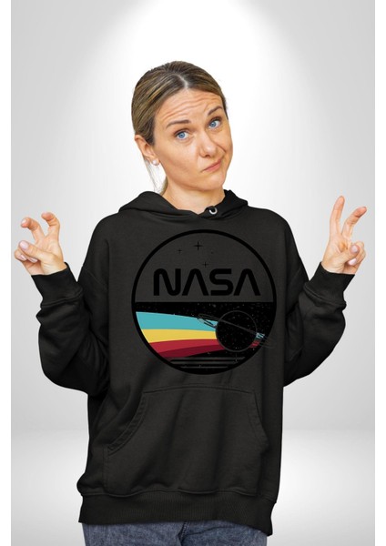 Uzay Satürn Logo Yıldızlar Kadın Erkek Baskılı Üç Iplik Siyah Kapüşonlu Hodie Sweatshirt modelleri