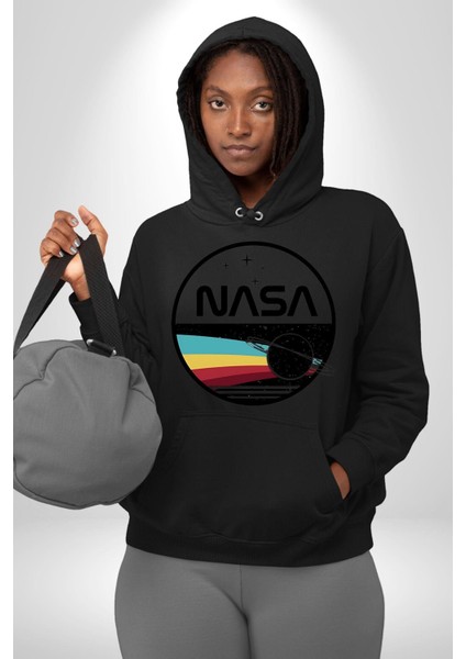 Uzay Satürn Logo Yıldızlar Kadın Erkek Baskılı Üç Iplik Siyah Kapüşonlu Hodie Sweatshirt indirimleri