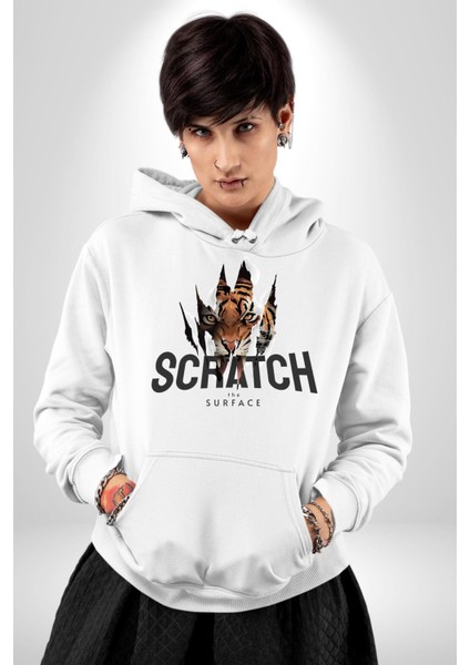 Yüzeyi Çizmek Kaplan Kadın Erkek Baskılı Üç Iplik Beyaz Kapüşonlu Hodie Sweatshirt modelleri