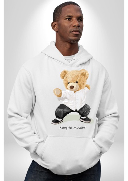 Kung Fu Ustası Oyuncak Ayı Kadın Erkek Baskılı Üç Iplik Beyaz Kapüşonlu Hodie Sweatshirt