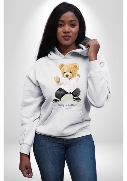 Kung Fu Ustası Oyuncak Ayı Kadın Erkek Baskılı Üç Iplik Beyaz Kapüşonlu Hodie Sweatshirt modelleri