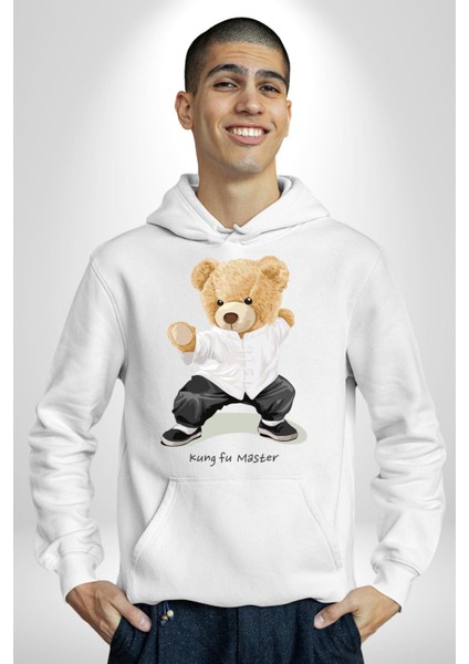 Kung Fu Ustası Oyuncak Ayı Kadın Erkek Baskılı Üç Iplik Beyaz Kapüşonlu Hodie Sweatshirt fırsatları