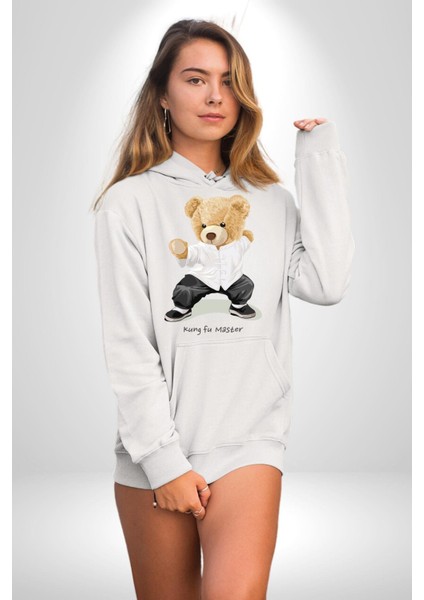 Kung Fu Ustası Oyuncak Ayı Kadın Erkek Baskılı Üç Iplik Beyaz Kapüşonlu Hodie Sweatshirt indirimleri