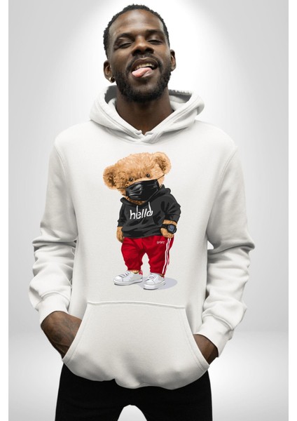 Sokak Tarzı Oyuncak Ayı Kadın Erkek Baskılı Üç Iplik Beyaz Kapüşonlu Hodie Sweatshirt