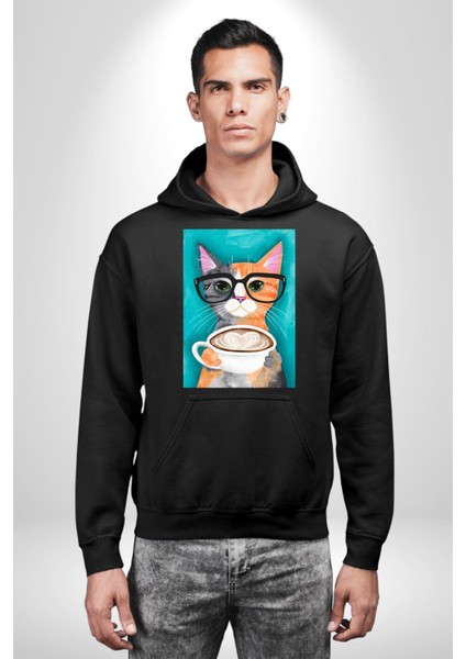 Kahve Içen Gözlüklü Entel Kedi Kadın Erkek Baskılı Üç Iplik Siyah Kapüşonlu Hodie Sweatshirt
