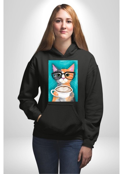 Kahve Içen Gözlüklü Entel Kedi Kadın Erkek Baskılı Üç Iplik Siyah Kapüşonlu Hodie Sweatshirt fiyatları