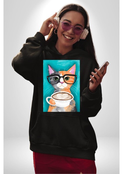 Kahve Içen Gözlüklü Entel Kedi Kadın Erkek Baskılı Üç Iplik Siyah Kapüşonlu Hodie Sweatshirt modelleri