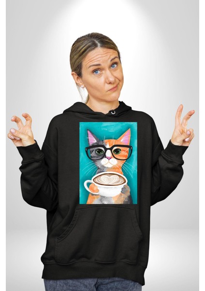 Kahve Içen Gözlüklü Entel Kedi Kadın Erkek Baskılı Üç Iplik Siyah Kapüşonlu Hodie Sweatshirt fırsatları