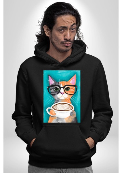 Kahve Içen Gözlüklü Entel Kedi Kadın Erkek Baskılı Üç Iplik Siyah Kapüşonlu Hodie Sweatshirt indirimleri