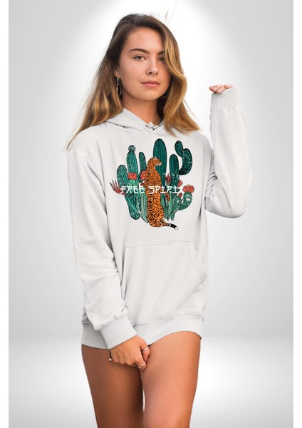 Çöl Kaktüsü Leopar Tasarım Kadın Erkek Baskılı Üç Iplik Beyaz Kapüşonlu Hodie Sweatshirt