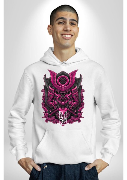 Japon Pembe Samuray Savaşçı Kadın Erkek Baskılı Üç Iplik Beyaz Kapüşonlu Hodie Sweatshirt modelleri