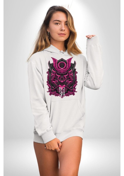 Japon Pembe Samuray Savaşçı Kadın Erkek Baskılı Üç Iplik Beyaz Kapüşonlu Hodie Sweatshirt fırsatları
