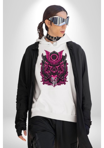 Japon Pembe Samuray Savaşçı Kadın Erkek Baskılı Üç Iplik Beyaz Kapüşonlu Hodie Sweatshirt indirimleri