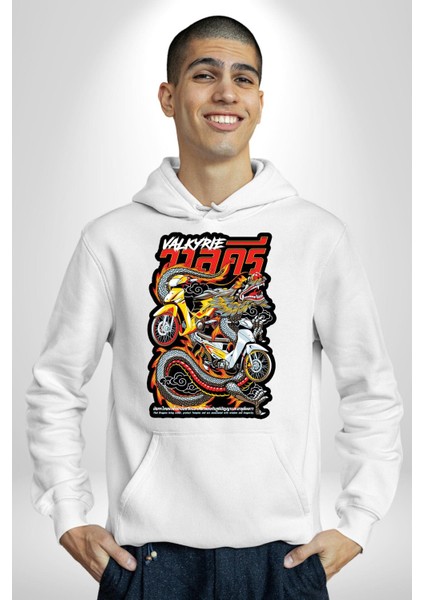 Motorcu Çetesi Çin Ejderhası Kadın Erkek Baskılı Üç Iplik Beyaz Kapüşonlu Hodie Sweatshirt