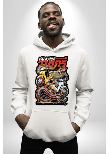 Motorcu Çetesi Çin Ejderhası Kadın Erkek Baskılı Üç Iplik Beyaz Kapüşonlu Hodie Sweatshirt indirimleri