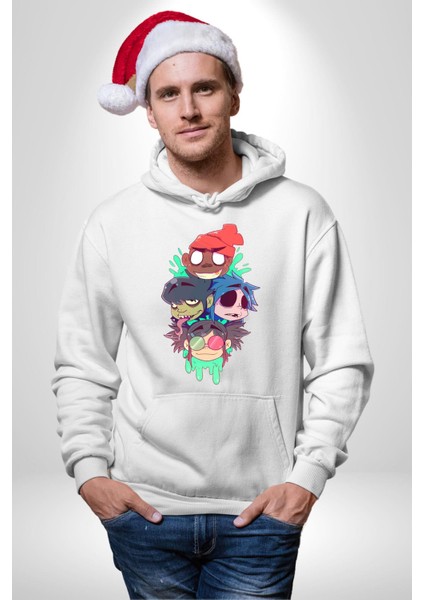 Gorillaz Anime Karakter Kadın Erkek Baskılı Üç Iplik Beyaz Kapüşonlu Hodie Sweatshirt