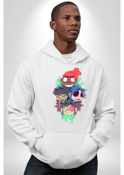 Gorillaz Anime Karakter Kadın Erkek Baskılı Üç Iplik Beyaz Kapüşonlu Hodie Sweatshirt modelleri