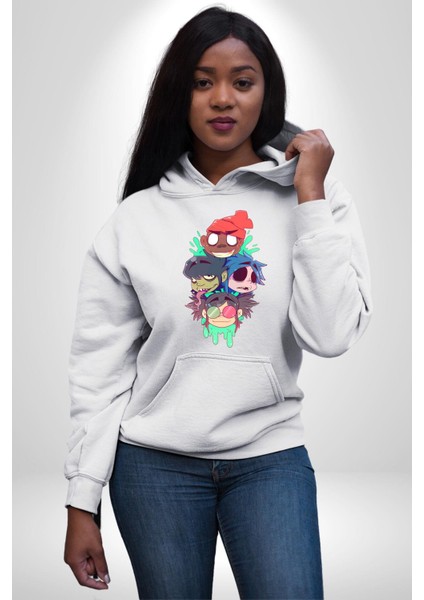 Gorillaz Anime Karakter Kadın Erkek Baskılı Üç Iplik Beyaz Kapüşonlu Hodie Sweatshirt indirimleri