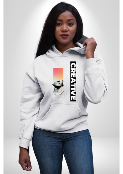 Yaratıcı Yunan Heykeli Kadın Erkek Baskılı Üç Iplik Beyaz Kapüşonlu Hodie Sweatshirt