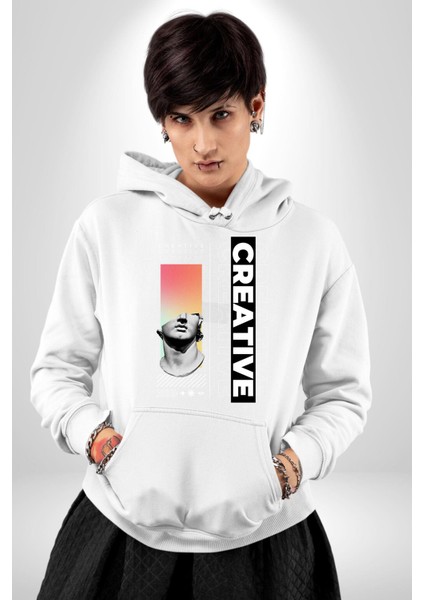 Yaratıcı Yunan Heykeli Kadın Erkek Baskılı Üç Iplik Beyaz Kapüşonlu Hodie Sweatshirt indirimleri