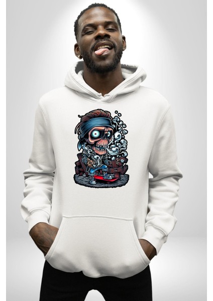 Kaykay Süren Iskelet Adam Kadın Erkek Baskılı Üç Iplik Beyaz Kapüşonlu Hodie Sweatshirt