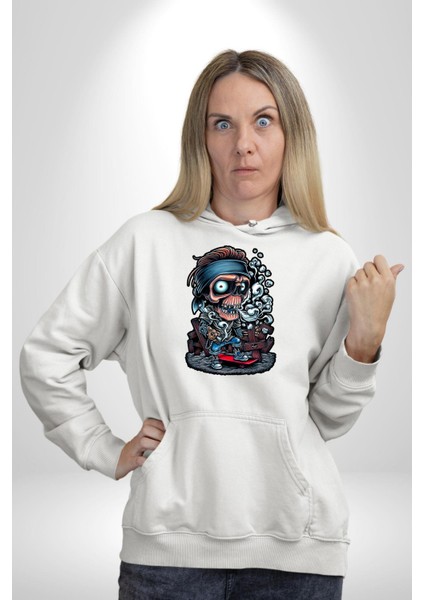 Kaykay Süren Iskelet Adam Kadın Erkek Baskılı Üç Iplik Beyaz Kapüşonlu Hodie Sweatshirt fiyatları