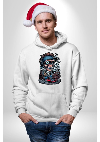 Kaykay Süren Iskelet Adam Kadın Erkek Baskılı Üç Iplik Beyaz Kapüşonlu Hodie Sweatshirt modelleri