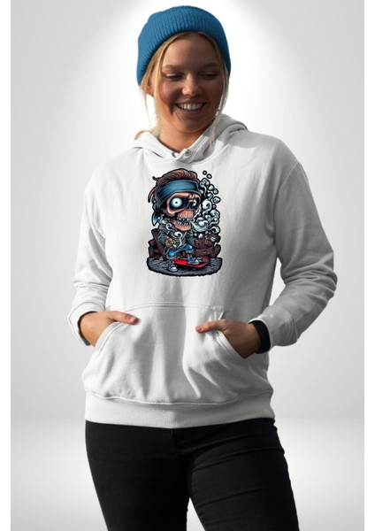 Kaykay Süren Iskelet Adam Kadın Erkek Baskılı Üç Iplik Beyaz Kapüşonlu Hodie Sweatshirt fırsatları