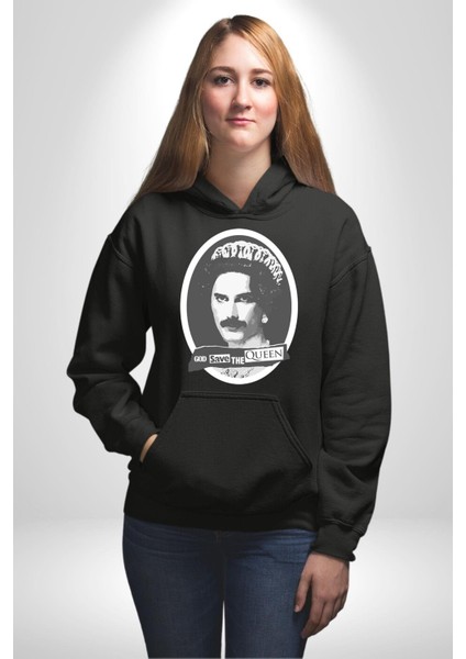 Tanrı Queen I Korusun Freddie Mercury Kadın Erkek Baskılı Üç Iplik Siyah Kapüşonlu Hodie Sweatshirt