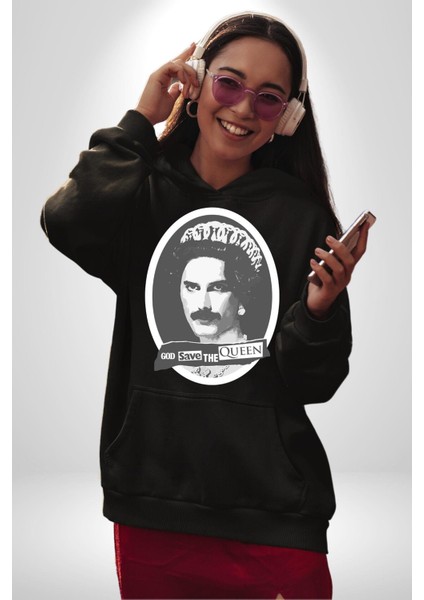 Tanrı Queen I Korusun Freddie Mercury Kadın Erkek Baskılı Üç Iplik Siyah Kapüşonlu Hodie Sweatshirt fiyatları