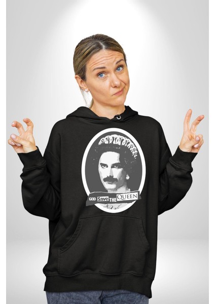 Tanrı Queen I Korusun Freddie Mercury Kadın Erkek Baskılı Üç Iplik Siyah Kapüşonlu Hodie Sweatshirt modelleri
