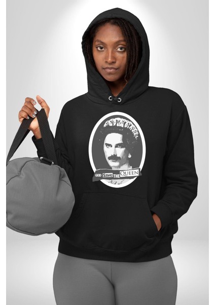 Tanrı Queen I Korusun Freddie Mercury Kadın Erkek Baskılı Üç Iplik Siyah Kapüşonlu Hodie Sweatshirt indirimleri