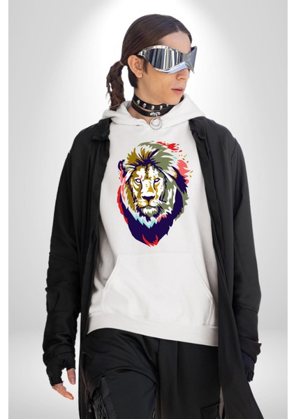 Kahin Rengarenk Havalı Aslan Kadın Erkek Baskılı Üç Iplik Beyaz Kapüşonlu Hodie Sweatshirt